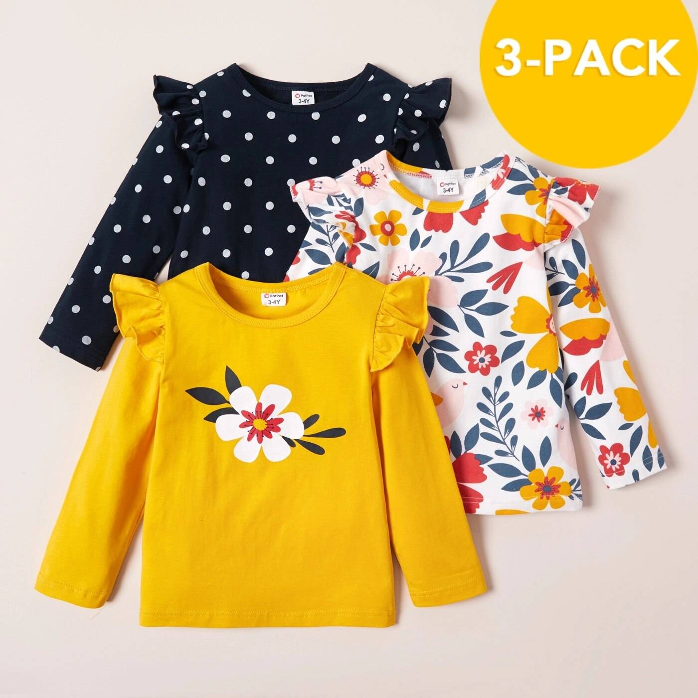 PatPat 2021 New Arrival Autumn And Spring  3-pack Girls T-shirt Floral Dots Long-sleeve Tee Sets Children Clothing